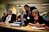 Daværende LO-Leder Roar Flåthen, sammen med statsminister Jens Stoltenberg, statssekretær Svein Fjellheim og LO Stats leder Tone Rønoldtangen.
