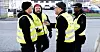Thomas Johansson, Janis Kuzma, Adel Belgacim og Alexis Adamah på streikevakt. Kuzma og Belgacim er ansatte hos Tesla i Malmø. Adamah og Johansson sympatistreiker.