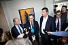 NHO-direktør Ole Erik Almlid, riksmekler Mats Wilhelm Ruland og LO-leder Hans-Christian Gabrielsen orienterer pressen om resultatet i lønnsoppgjøret i 2019.