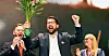 Sverigedemokraterna med partileder Jimmie Åkesson feira under valgvaka natt til mandag.