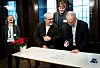 Fra venstre: Carla Botten-Verboven, avdelingsleder i Norsk Industri; Jørgen Leegaard, direktør i Byggenæringens Landsforbund; Per Skau, forbundssekretær i Fellesforbundet og Jan Tore Sanner, kunnskap- og integreringsminister.