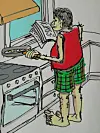 SELVPORTRETT: Jhonny Morten Bakken sysler med karikaturtegning på fritida og tok utfordringen da vi spurte ham om han kunne karikere seg selv. Her ser dere Jhonny over stekepanne og sakspapirer.