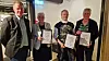 40-årsjubilanter: Fra venstre ser vi styremedlem Fredrik Dahl, Anne J. Magnussen fra renhold, Svein M. Aateigen fra maskin og Gudny Olafsdottir fra renhold.