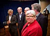 OPPSTART: Tarifforhandlingene i staten startet tirsdag. Foran: LO Stats leder Tone Rønoldtangen. Bak fra venstre: Petter Aaslestad (Unio stat), Anders Kvam (Akademikerne Stat) og GIsle Norheim, statens personaldirektør og - delvis skjult - Pål Arnesen (YS Stat)