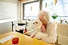 Nærhet: Bjørg (85) har god erfaring med hunder fra tidligere og får gjerne hunden Lucky på fanget. Robotkatten gir fra seg noen lyder fra sidelinja.