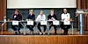 Debatt: Panelet fikk mange spørsmål, og det var ofte en klar skillelinje mellom høyre- og venstresiden. I panelet fra venstre ser vi Per Emil Skjelbred Sentralstyremedlem i Rød Ungdom, Balder Olafsen, faglig leder i Sosialistisk Ungdom, Snorre Erichsen Skjevrak, politisk rådgiver i Arbeiderpartiets bystyregruppe og sentralstyremedlem i AUF, Sjur Oskar Korsæth fra Oslo Unge Høyre og Helge Andre Njåstad, som sitter i arbeids- og sosialkomiteen på Stortinget for Frp.