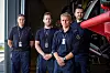 De ansatte ved beredskapseneheten ved Sandefjord lufthavn har vært helt, eller delvis permittert under korona-krisa, men er nå er de gradvis på vei tilbake til full jobb.  Fra venstre: Silje Svenningsen, Jon Magne Lea, Lars Teien Andersen og nestvaktsjef Øivind Moen, tillitsvalgt i NTL Luftfarten.