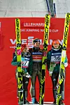 Seierspallen på Lillehammer, fra venstre, Carina Vogt, Maren Lundby og Katharina Althaus.