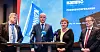 F.v. Konsernsjef i Nammo Morten Brandtzæg, finansminister Trygve Slagsvold Vedum, parlamentarisk leder for Arbeiderpartiet Rigmor Aasrud og forsvarsminister Bjørn Arild Gram møter pressen om norsk ammunisjonsproduksjon, hos Nammo på Raufoss.