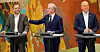 Audun Lysbakken (SV), Jonas Gahr Støre (Ap) og Trygve Slagsvold Vedum (Sp) vil ikke sitte i regjering sammen, men er enige om statsbudsjettet for neste år.