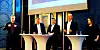 DEBATT: Flytoppene i Norge debatterte framtida: Fra venstre: Kjetil Håbjørg (SAS Norge), Geir Karlsen (Norwegian), Stein Nilsen (Widerøe), Aleksander Wasland (Norsk flygerforbund) og Tonje Frislid Wikstrøm (Flyr).