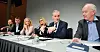 Panelet under LOs ILO-konferanse tirsdag. Fra venstre: Audun Lysbakken, leder i SV; Hans-Christian Gabrielsen, leder i LO; Anniken Hauglie, arbeids- og sosialminister; Nina Melsom, direktør for arbeidsliv i NHO; Jonas Gahr Støre, leder i Arbeiderpartiet og Per Olaf Lundteigen, stortingsrepresentant fra Senterpartiet.