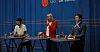 DEBATT: Bjørnar Moxnes (Rødt, t.v.), Eileen Fugelsang (Ap) og Andreas Sjalg Unnaland (SV) debatterte høyere utdanning og studentøkonomi på Universitetet i Oslo.