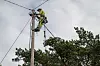 OPPI TOPPEN: Energimontør Sebastian Waage (i masta) er sammen med lærling Asbjørn Lervik i ferd med å oppgradere en hytte til trefas.