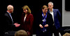 Lønnsoppgjøret i staten med Christer Wiik Aram, Akademikerne (t.v.), Bente Kraugerud, statens personaldirektør, leder Elisabeth Steen Onshus i LO stat og leder Steinar Sæther i Unio stat.