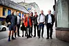 Fra venstre: Fredrik Winger (Oslo Transportarbeiderforening), Jon Tveisne, Kyrre Kjølner Andersen, Lee Conaghan, Espen Utne Landgraff, Paul Olai-Olssen (alle tillitsvalgte for Fellesforbundet i Foodora), Bjørn Anders Jonassen og Knut Øygard fra Fellesforbundet.