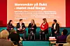 Panelsamtale mellom (f.v) Nancy Herz (Arbeids- og inkluderingsdepartementet) Sulo Taraku (Agenda), Halyna Silifonova (ukrainsk flyktning), Merete Gandrund (ordfører i Flå) og Trygve Svensson (Agenda) på Kartellkonferansen.