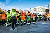 Jane B. Sæthre, leder i Jernbaneforbundet, (nummer tre fra høyre) deltok sammen med et par hundre verkstedarbeidere ved Mantena i den politiske streiken mot regjeringens forslag til  NSB-pensjoner.