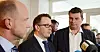 NHO-direktør Ole Erik Almlid, riksmekler Mats Wilhelm Ruland og LO-leder Hans-Christian Gabrielsen etter mellomoppgjøret i 2019.
