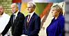 Statsminister Erna Solberg (H) fra høyre. Partilederne Jonas Gahr Støre i Arbeiderpartiet, Trygve Slagsvold Vedum i Senterpartiet og Audun Lysbakken i SV.