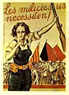Illustrert plakat med væpnet kvinnelig militsmedlem foran en folkemengde og flere flagg.