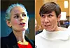To kvinner avbildet side om side i et delt portrett, med ulik hårfarge og antrekk.