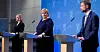 Kunnskapsminister Guri Melby (V), Statsminister Erna Solberg (H) og helseminister Bent Høie (H) under en pressekonferanse om hvilke koronatiltak regjeringen ønsker å videreføre i dagene og ukene etter påske.